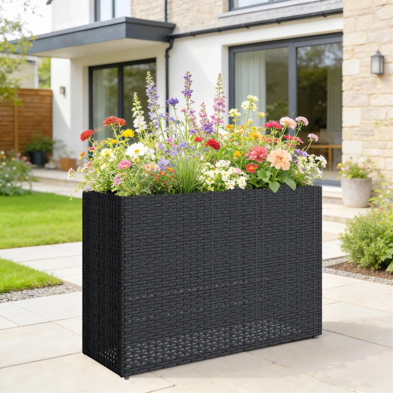 Outsunny Tall Rectangular Planter with Removable Liner, Holes, PE Wicker Large Planter Box for Indoor Outdoor Plants, Black