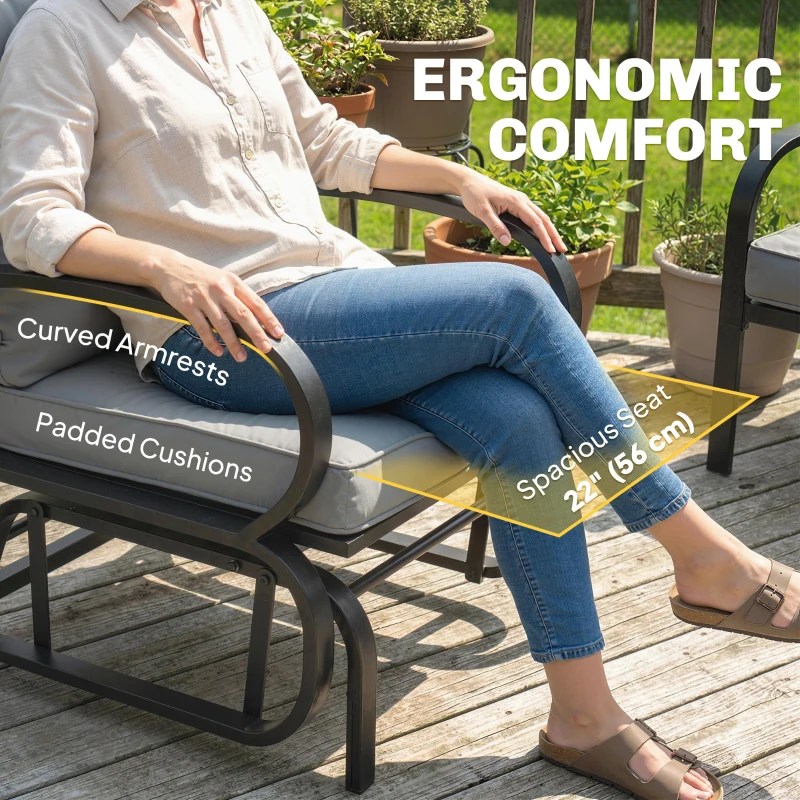 Outsunny Patio Glider, Outdoor Glider Chair with Cushions, Steel Frame, Curved Armrests, Light Grey