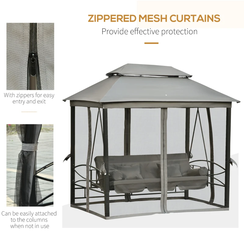 Outsunny 3-Seat Patio Swing Chair, Outdoor Gazebo Swing with Double Tier Canopy, Mesh Sidewalls, Cushioned Seat and Pillows, Gray