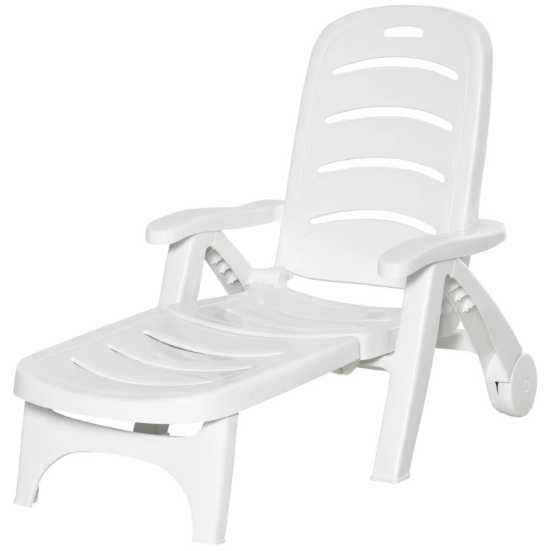 Outsunny Outdoor Chaise Lounge Chair on Wheels, Waterproof, Quick Assembly, Folding, 5 Level Adjustable Backrest for Pool, White