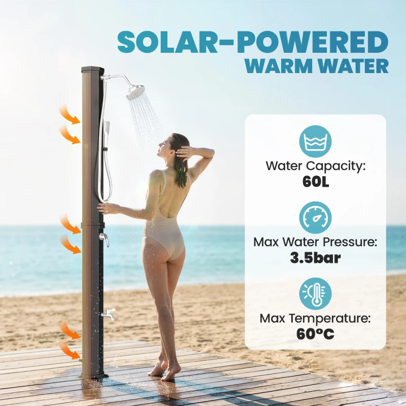 Outsunny 16 Gal Solar Heated Shower, 7.4 FT Outdoor Shower with 2 Shower Heads, Adjustable Temperature, Foot Faucet