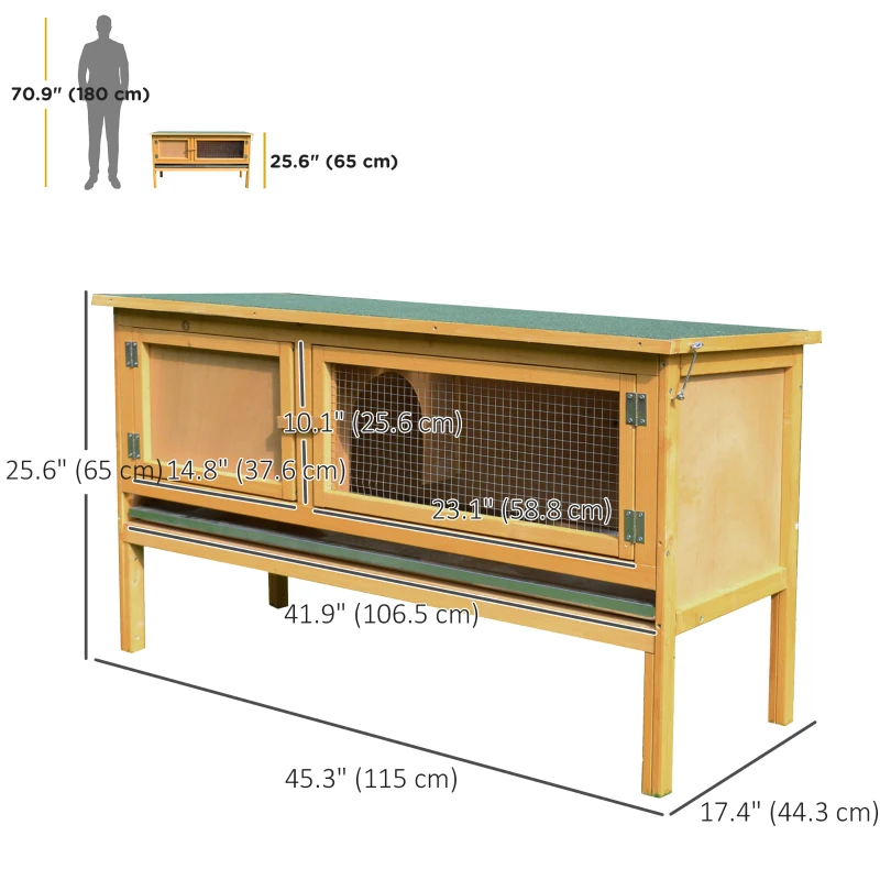 PawHut Wooden Rabbit Hutch, Indoor Outdoor Bunny Cage with Slide-Out Tray and Openable Roof, Small Animal Cage