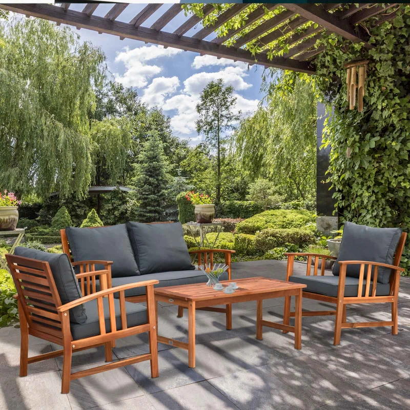 Outsunny 4 Piece Solid Acacia Wood Conversation Set Outdoor Patio Furniture Chat Set w/ Armchairs, Loveseat, Center Coffee Table & Cushions Teak/Gray