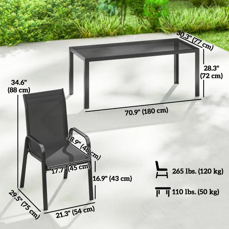 Outsunny 9 Pieces Patio Set with Stackable Chairs, Patio Dining Set with Glass Top for Garden, Patio, Backyard, Black