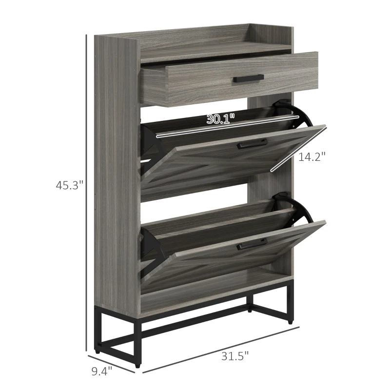 HOMCOM Slim Shoe Storage Cabinet, Shoes Cabinet Organizer with 2 Flip Drawers, Adjustable Shelves for 12 Pair, Distressed Gray