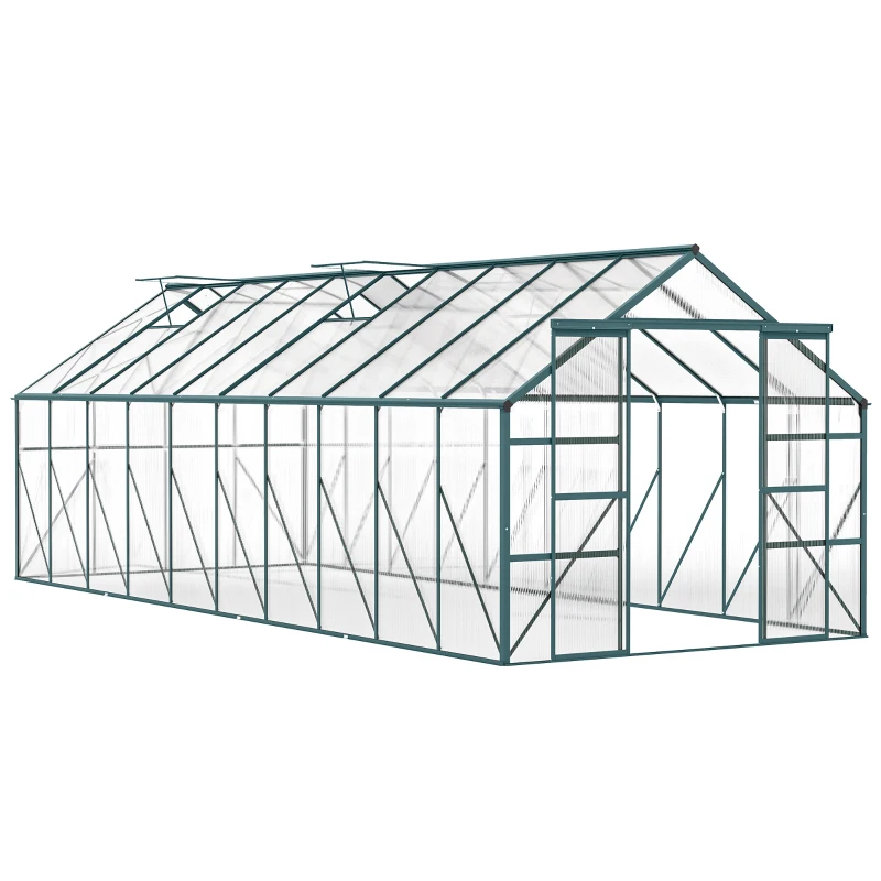 Outsunny Aluminum Greenhouse Polycarbonate Walk-in Garden Greenhouse Kit with Rain Gutter and Sliding Door, 20' x 8', Green