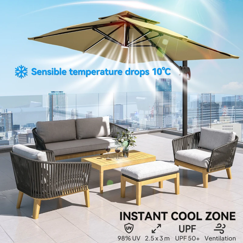 Outsunny 10ft. Solar LED Cantilever Umbrella, Offset Hanging Umbrella with 360°Rotation, Cross Base, 8 Ribs, Tilt and Crank for Yard, Khaki