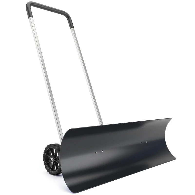 Outsunny 37-Inch Extra Wide Snow Shovel with Wheels, Heavy Duty Aluminum Snow Pusher with Ergonomic Adjustable Handle, Black