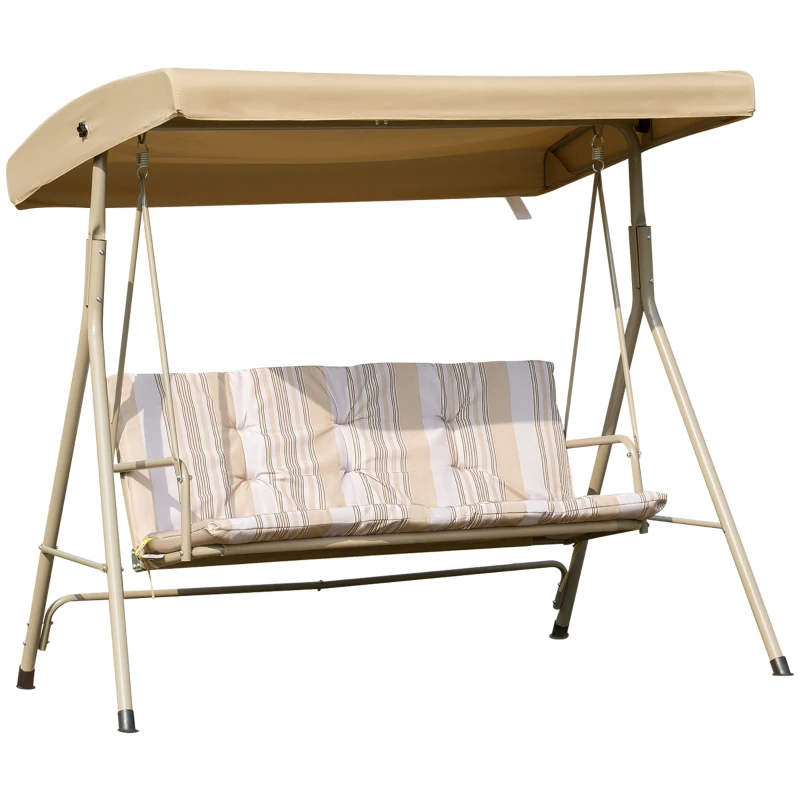 Outsunny 3-Seat Patio Swing Chair, Outdoor Porch Swing Glider with Adjustable Canopy, Removable Cushion, Steel Frame, Breathable Mesh Seat for Garden, Poolside, Brown