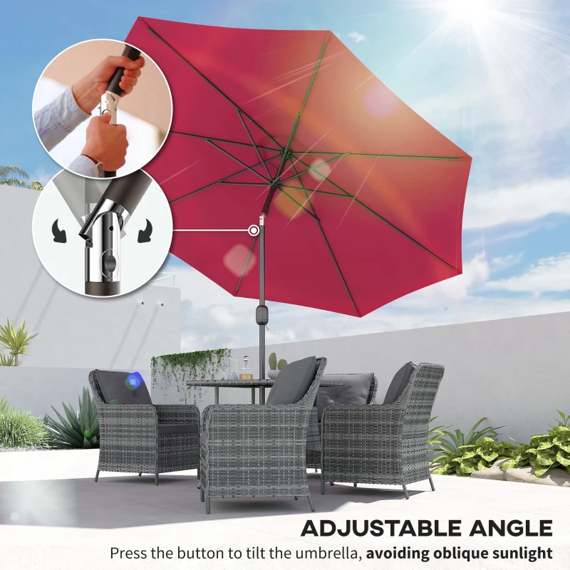 Outsunny 10' x 8' Round Market Umbrella, Patio Umbrella with Crank Handle and Tilt, Outdoor Parasol for Garden, Wine Red