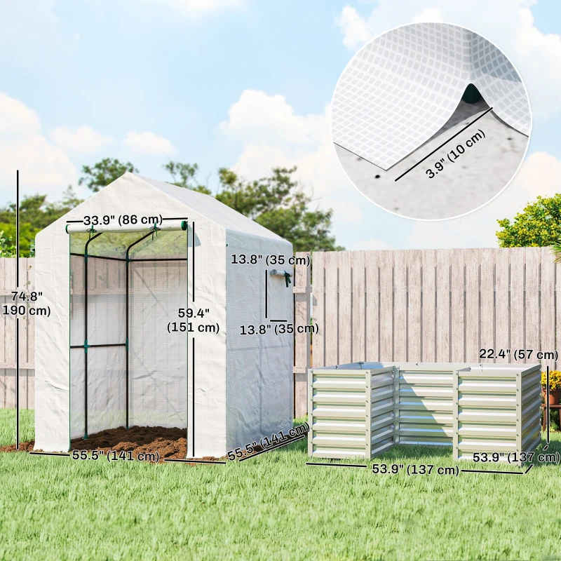 Outsunny Greenhouse with Raised Garden Bed, Galvanized Metal Planter Box with PE Cover, Roll Up Door, 56" x 56" x 75", White