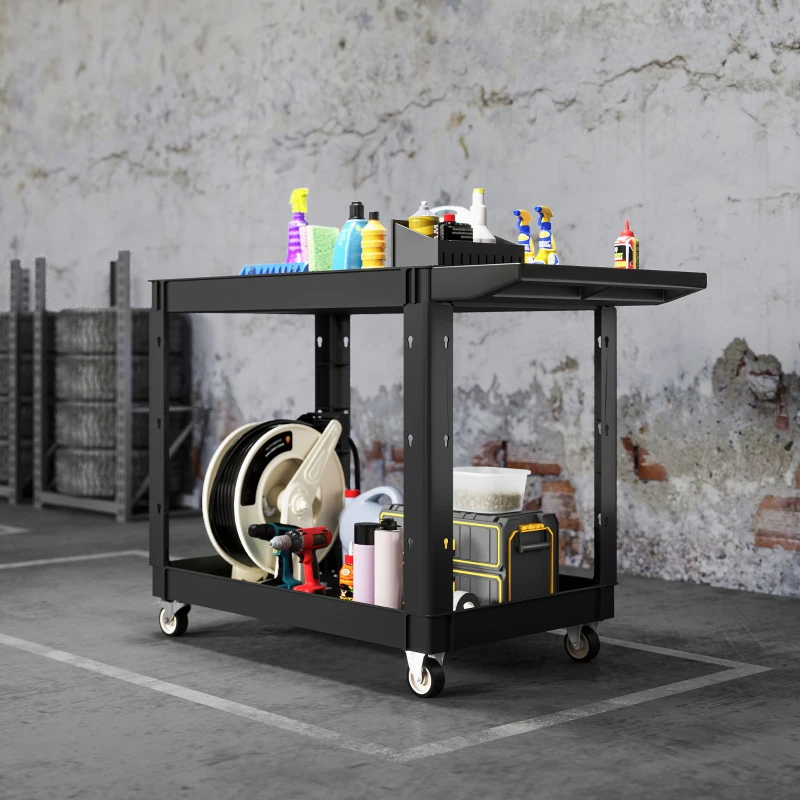 HOMCOM 2-Tier Rolling Tool Cart with Wheels, 500 LBS Capacity Plastic Utility Cart with Handle for Garage, Warehouse, Black