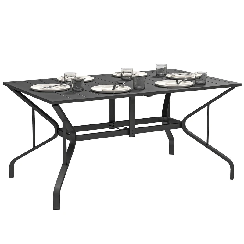 Outsunny Rectangle Patio Dining Table with Umbrella Hole, Outdoor Dining Table for 6 with Steel Frame for Garden, Balcony, Black