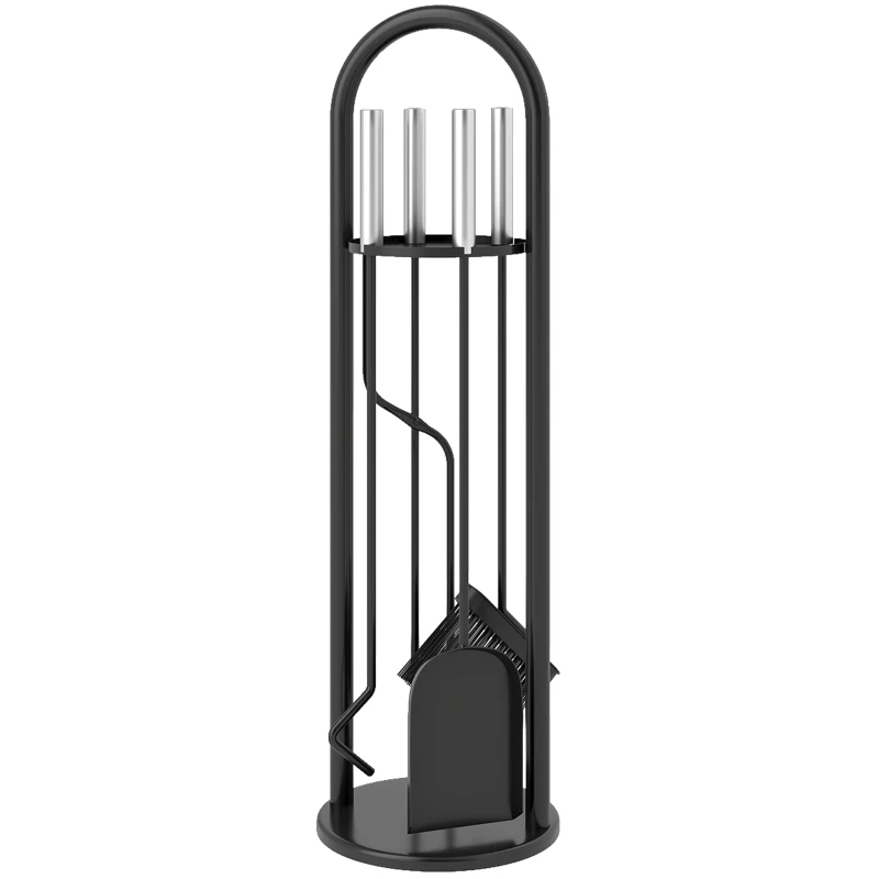 Outsunny Fireplace Tools Set, 5 Pieces Fireside Accessories with Brush, Shovel, Poker, A Pair of Tongs, Stand, Silver