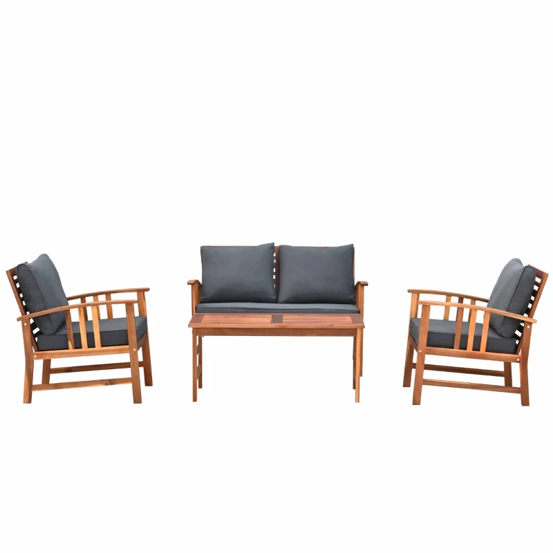 Outsunny 4 Piece Solid Acacia Wood Conversation Set Outdoor Patio Furniture Chat Set w/ Armchairs, Loveseat, Center Coffee Table & Cushions Teak/Gray