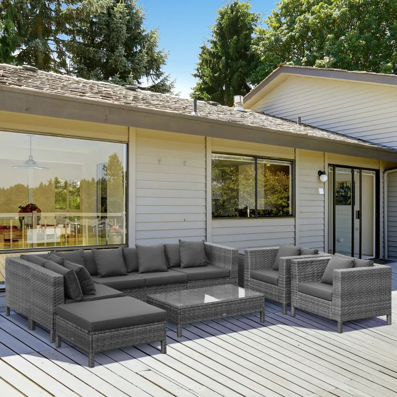 Outsunny Patio Furniture Set, 9 Piece Outdoor Sectional Sofa, All-Weather PE Rattan Wicker Conversation Set with Chairs, Ottoman, Loveseat, Coffee and Side Table, Cushions, Black