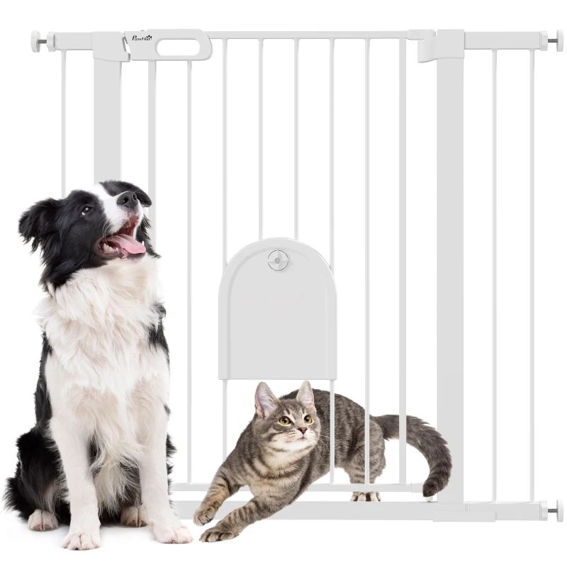 PawHut 30"-41" Extra Wide Pet Gate Barrier with Small Door, 35"H Dog Gate with Safety Gate Barrier, Stair Pressure Fit, White