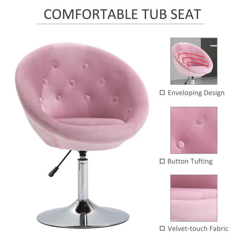 HOMCOM Modern Makeup Vanity Chair Round Tufted Swivel Accent Chair with Chrome Frame Height Adjustable, Pink