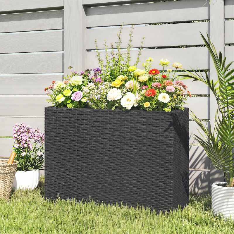 Outsunny Tall Rectangular Planter with Removable Liner, Holes, PE Wicker Large Planter Box for Indoor Outdoor Plants, Black