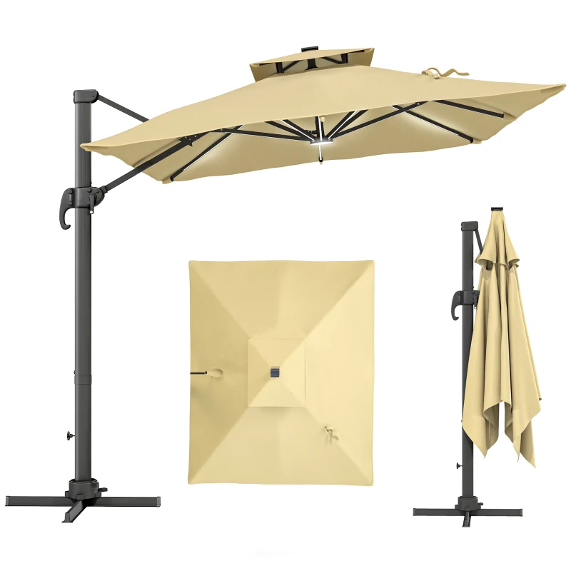 Outsunny 10ft. Solar LED Cantilever Umbrella, Offset Hanging Umbrella with 360°Rotation, Cross Base, 8 Ribs, Tilt and Crank for Yard, Khaki