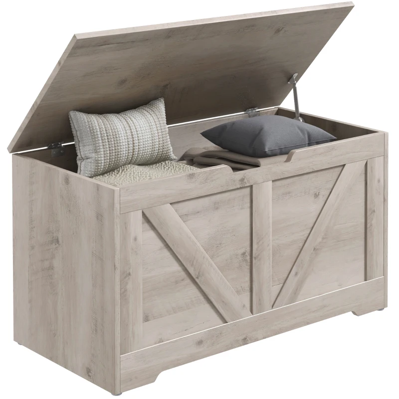 HOMCOM 31.5 Inches Storage Chest, Storage Trunk with 2 Safety Hinges for Living Room, Grey Wood Grain