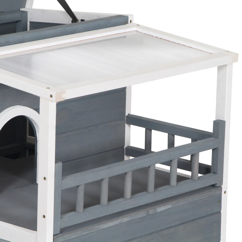PawHut 2-Story Wooden Cat House Feral Cat Shelter with Transparent PVC Canopy, Balcony, Escape Door and Openable Weatherproof Roof for Outdoor, Grey