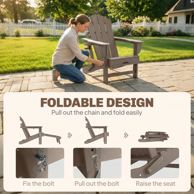 Outsunny Folding Adirondack Chair Set of 2, HDPE Fire Pit Chair with Retractable Ottoman and Cup Holder, Brown