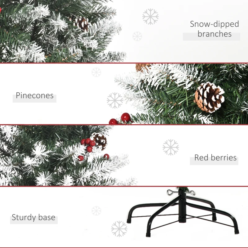 HOMCOM 5ft Decorated Christmas Tree with Red Berries and Pine Cones, Flocked Christmas Tree with Pencil Shape, Green