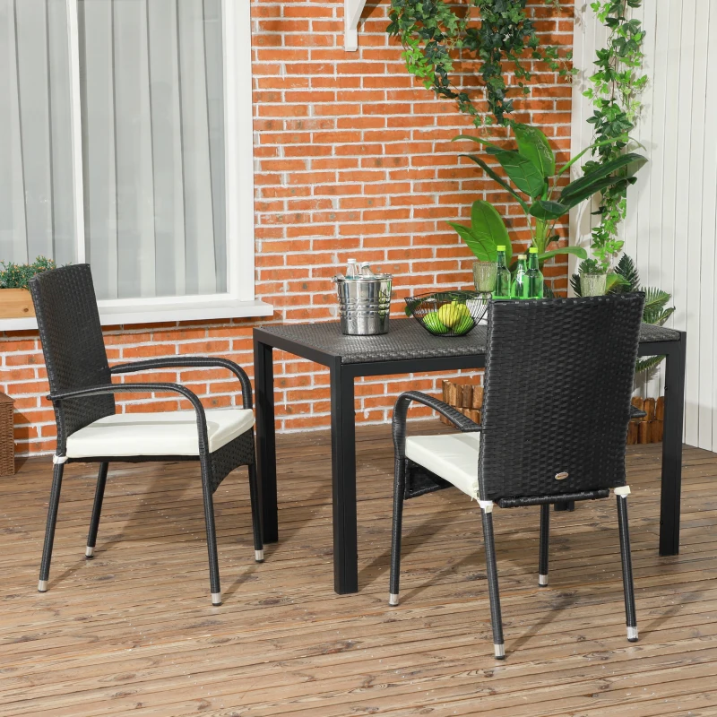 Outsunny Stackable PE Rattan Outdoor Dining Chairs with Cushion, Patio Wicker Dining Chair with Armrests & Backrest, Cream White
