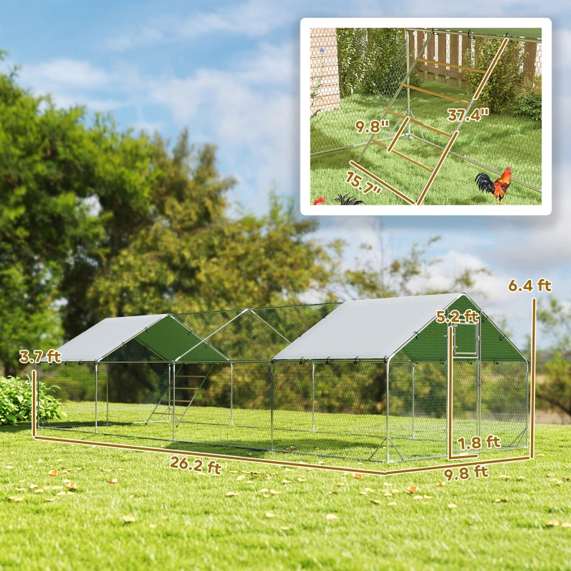 PawHut Metal Chicken Coop, 26' x 10' x 6.4' Large Chicken Run with Feeding Door, Waterproof Cover, Hanging Feeder, Perch