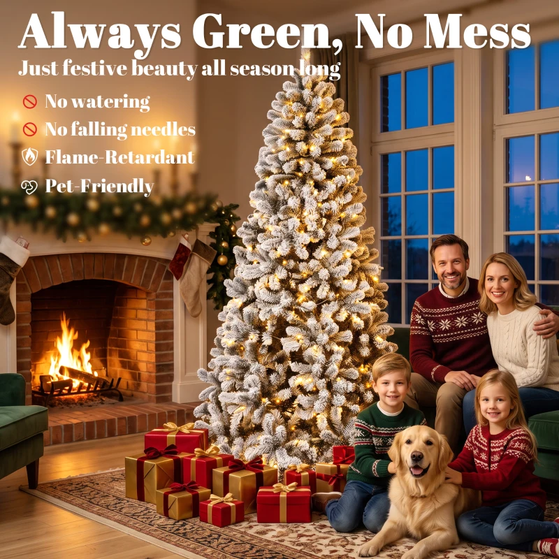 HOMCOM 7.5ft Flocked Prelit Christmas Tree, Northern Pine, Artificial Xmas Tree with Curved Tips, LEDs