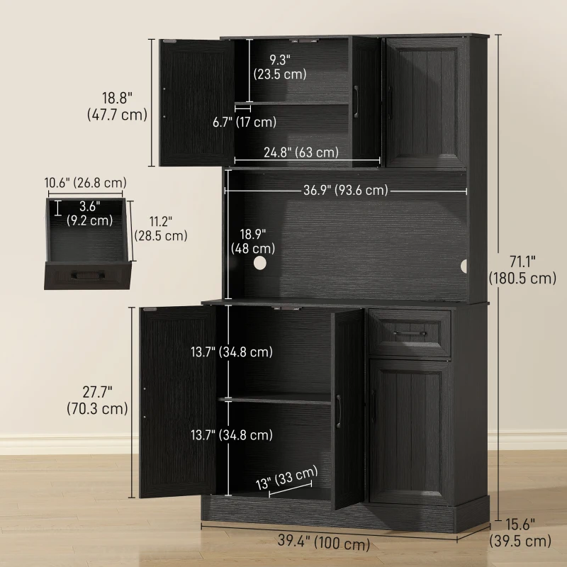 HOMCOM 71" Pantry Cabinet with Charging Station, Kitchen Storage Cabinet with Microwave Stand, Adjustable Shelves, Black