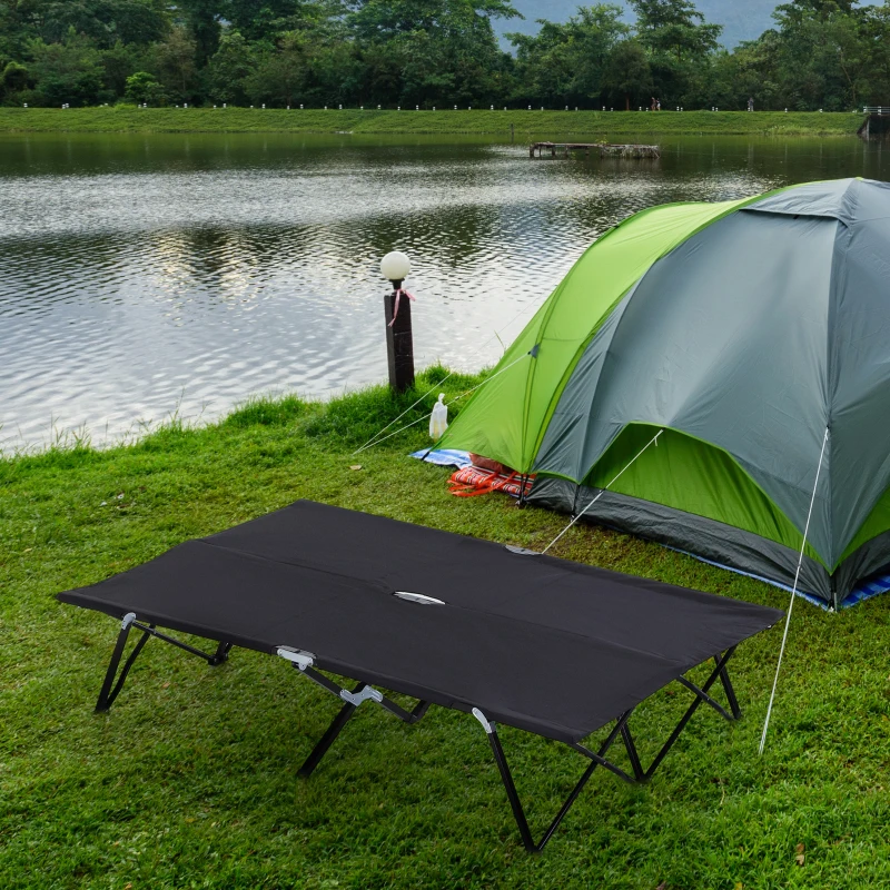 Outsunny 2 Person Folding Camping Cot for Adults, 50" Extra Wide Outdoor Portable Sleeping Cot with Carry Bag, Elevated Camping Bed, Beach Hiking, Black