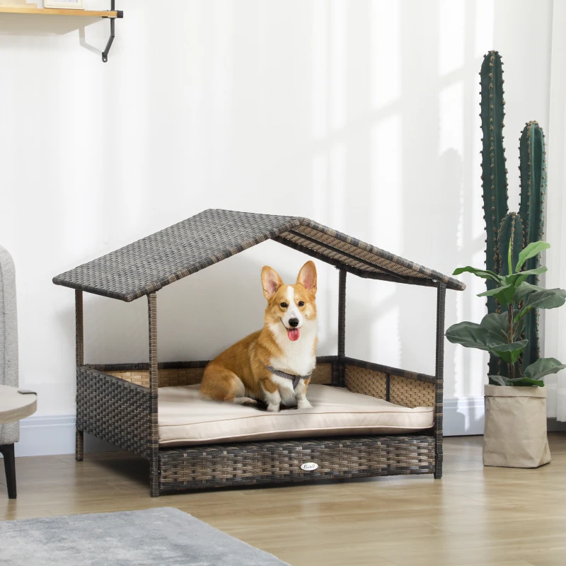PawHut Wicker Dog House with Removable Cushion Lounge, Khaki