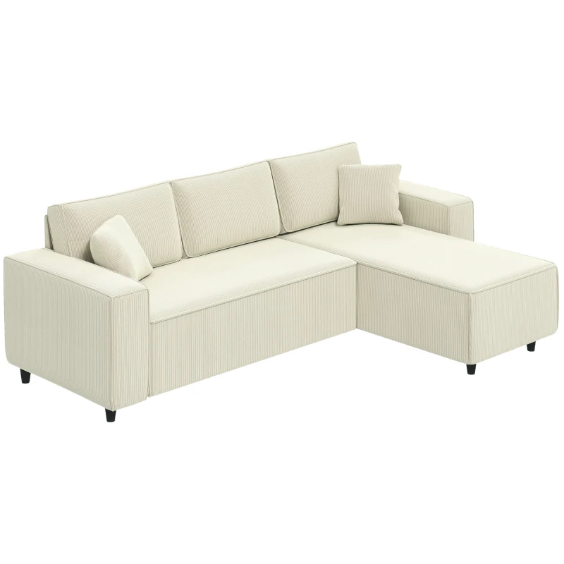 HOMCOM Corner Sofa with Changeable Chaise, Corduroy L-Shaped Sectional Sofa with Pocket Spring, 2 Pillows, Cream White