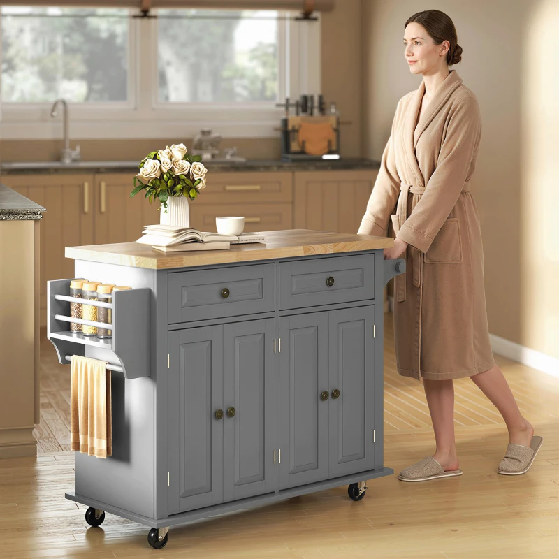 HOMCOM 44" Mobile Kitchen Island Table, Kitchen Island Cart on Wheels with Storage Cabinets, 2 Drawers, Gray