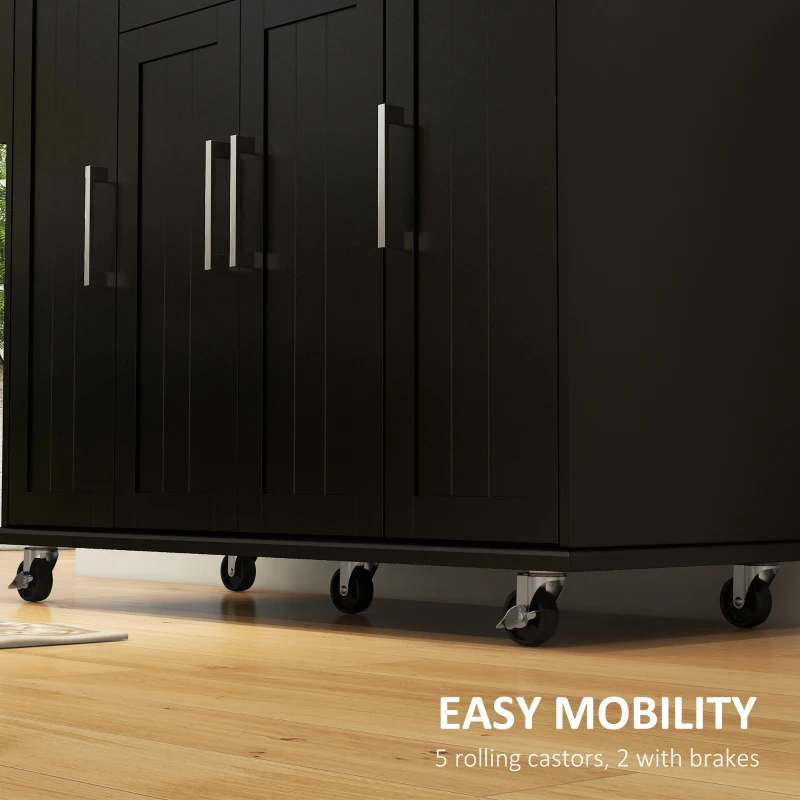 HOMCOM Modern Rolling Kitchen Island Cart with Drawers, Natural Wood Top, Towel Rack, Door Storage Cabinet, Black