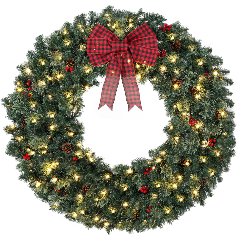 HOMCOM 48" Prelit Crestwood Spruce Artificial Christmas Wreath, Christmas Decor with Bow, 8 Modes, Red Berries, Pinecones