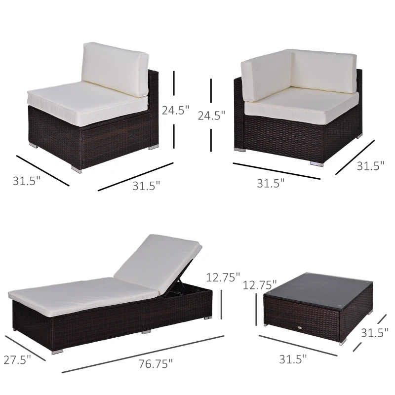 Outsunny 9 Piece Patio Furniture Sets, Wicker Sectional Sofa Sets Outdoor Rattan Conversation Sets with Tempered Glass Tabletop Tea Table and Two Loungers for Garden, Balcony, Backyard, Dark Coffee
