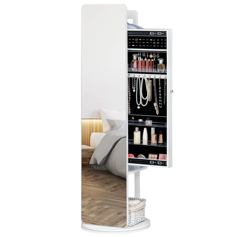 HOMCOM Full Length Glass Mirror with Hidden Jewelry Cabinet and Pine Wood Clothing Rack, White