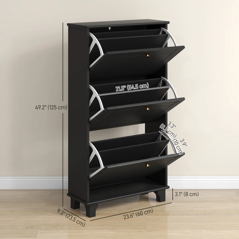 HOMCOM Narrow Shoe Storage with 3 Flip Drawers and Adjustable Shelves, Shoe Cabinet Organizer for 12 Pairs of Shoes, Black