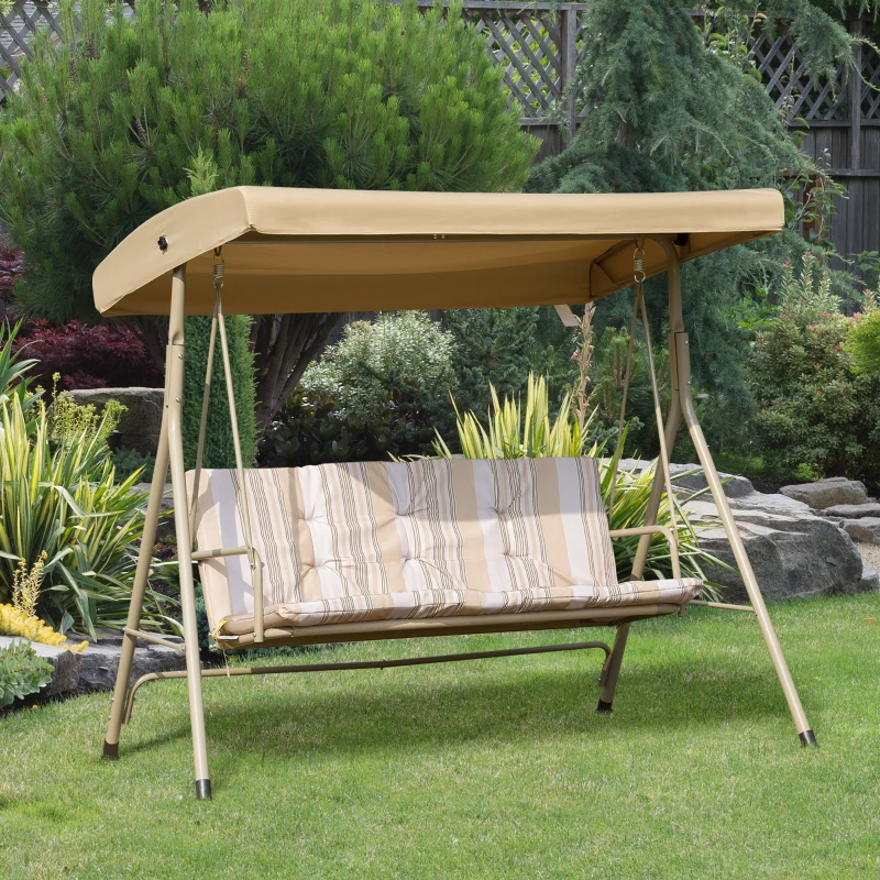 Outsunny 3-Seat Patio Swing Chair, Outdoor Porch Swing Glider with Adjustable Canopy, Removable Cushion, Steel Frame, Breathable Mesh Seat for Garden, Poolside, Brown