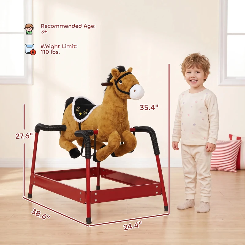 Qaba Kids Spring Rocking Horse, Ride on Horse with Neighing Sounds, Plush Animal Ride on Toy for Ages 3+ Years, Brown