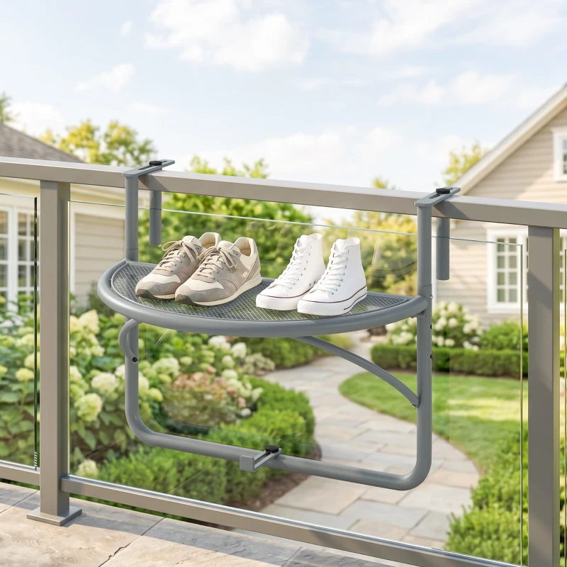 Outsunny Adjustable Balcony Hanging Railing Table, Metal Mounting Mini Wall Desk Storage Rack, Outdoor Flower Stand Serving Table Half Round, Grey