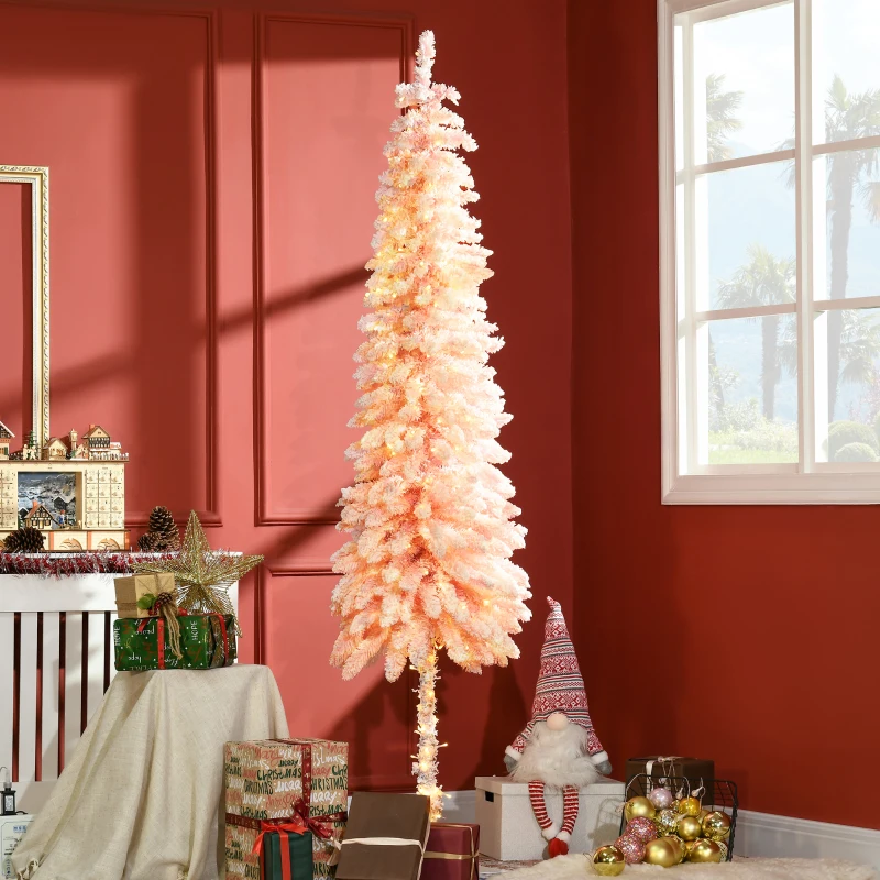 HOMCOM 7' Flocked Christmas Trees, Pencil Prelit Artificial Christmas Tree with Snow Downswept Branches, Pink
