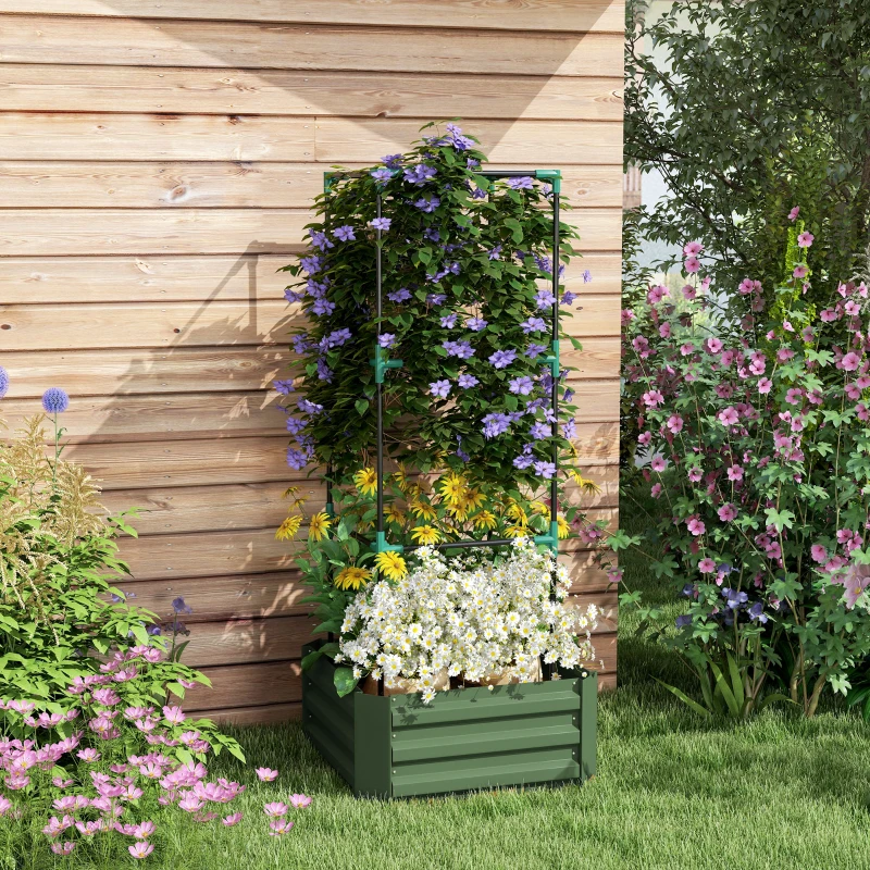 Outsunny Galvanized Planter Box, 24" x 24" x 55" Raised Garden Bed with Tomato Cage for Climbing Vines, Green
