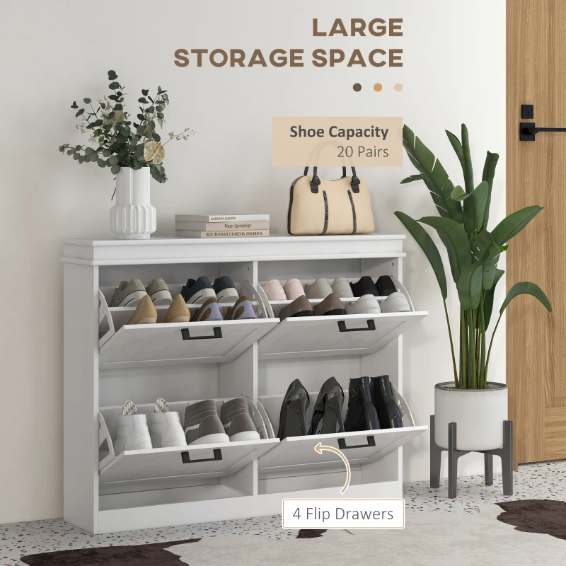 HOMCOM Shoe Storage Cabinet with 4 Flip Drawers and Adjustable Shelves, Narrow Shoe Cabinet for 20 Pairs of Shoes, White