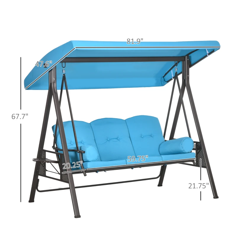 Outsunny 3-Seat Outdoor Porch Swing Chair with Adjustable Canopy, Cushion and Pillows for Garden, Poolside, Blue