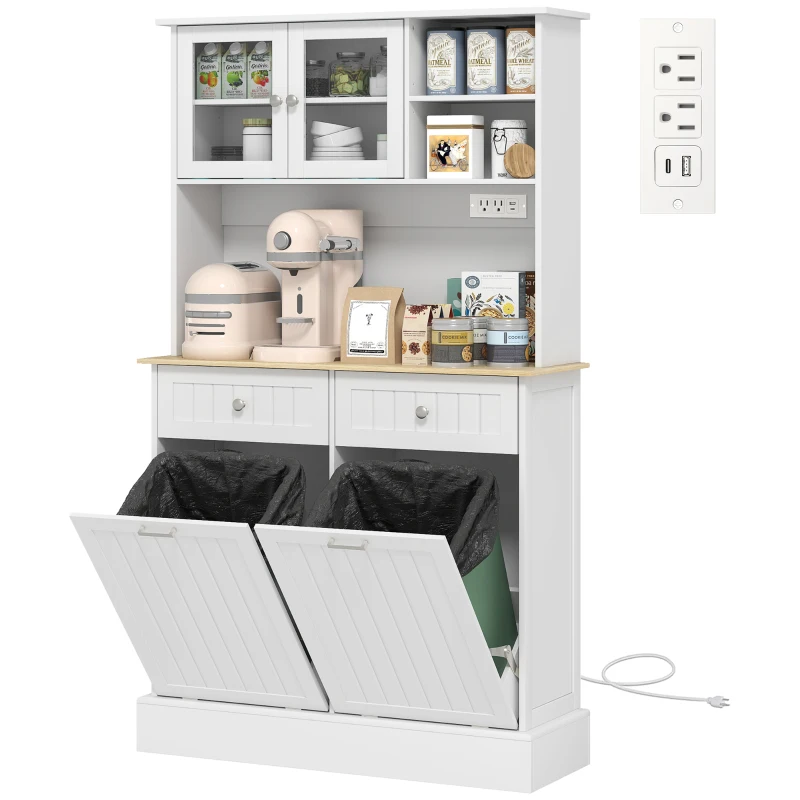 HOMCOM Kitchen Cabinet with Charging Station, 2 Tilt Out Cabinets, Microwave Stand, Freestanding Kitchen Pantry Cabinet, White