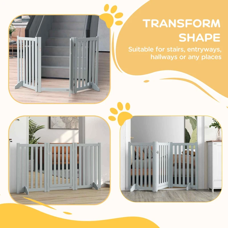 PawHut 3-Panel Foldable Dog Gate with Feet for Medium Dogs and Below, Grey